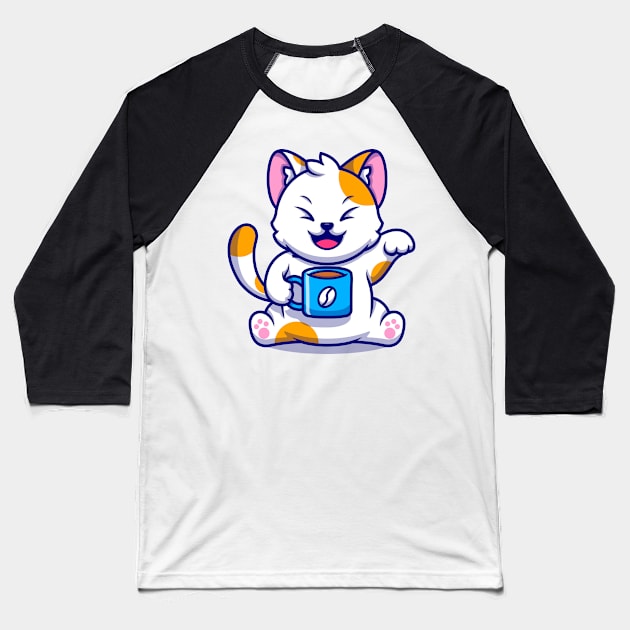 Cat and Coffee Kawaii - Cute Baseball T-Shirt by Ravensdesign